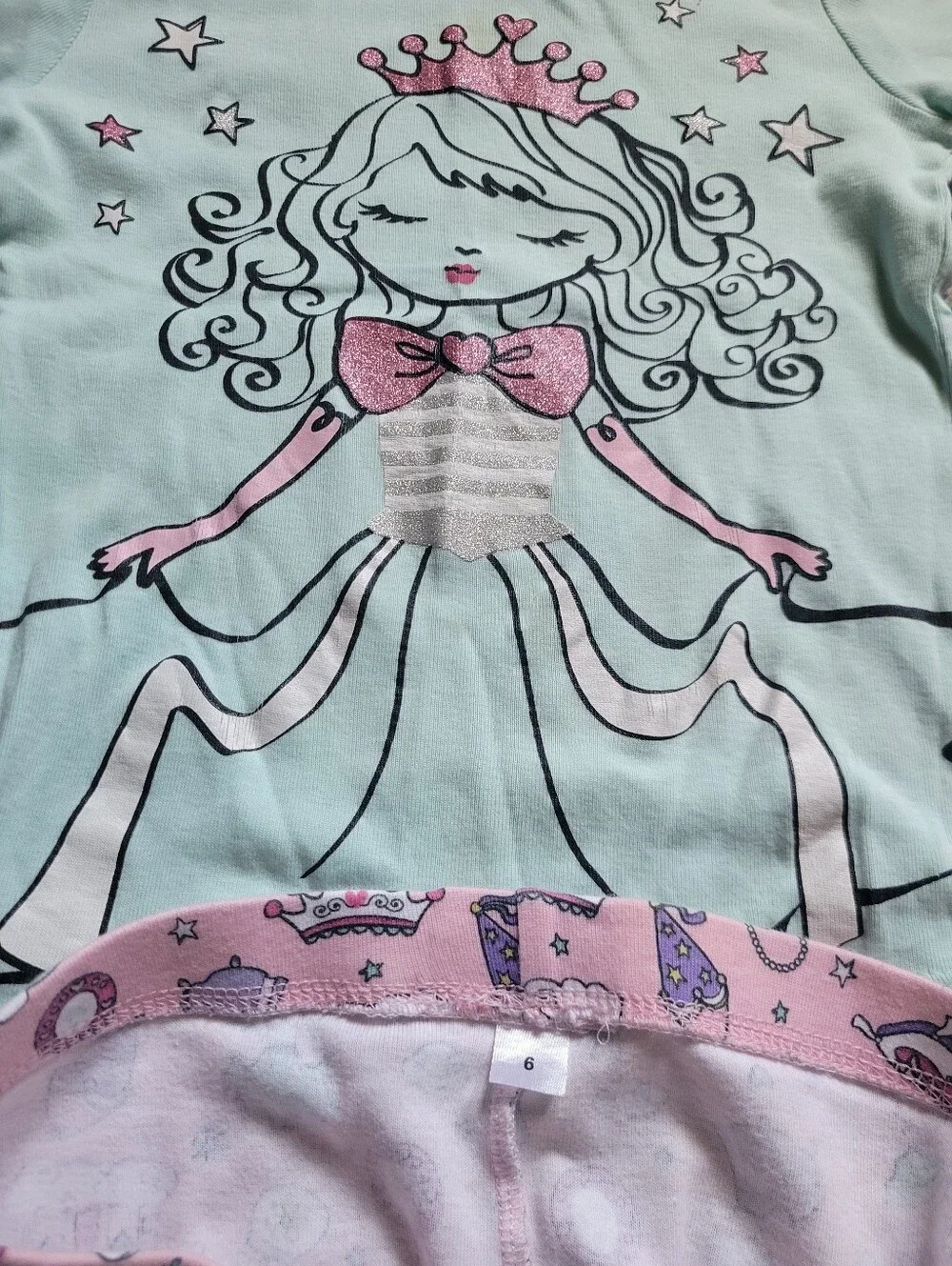 Girls Pink & Mint Princess Pajama Set - Soft Cotton Pants & Shorts Size 6 Bundle